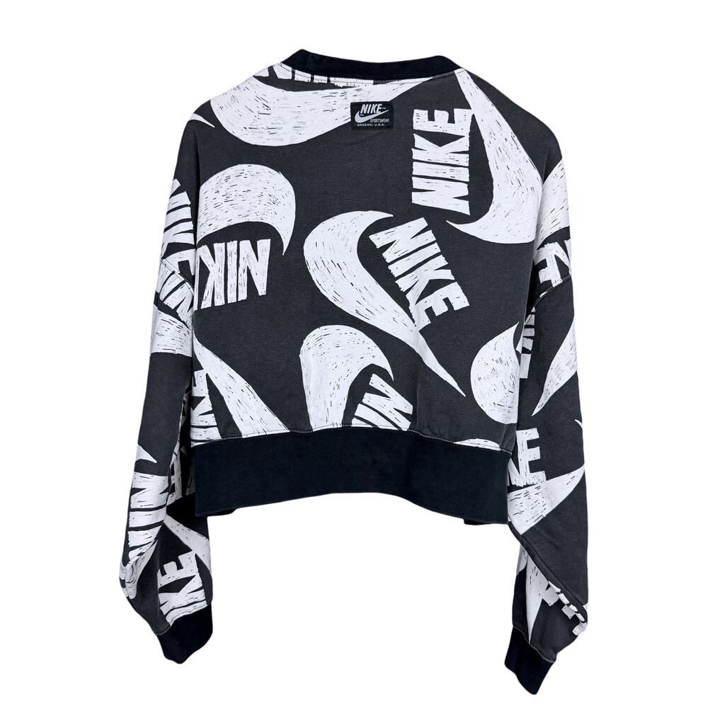 Nike Icon Women's Medium Cropped All Over Logo Black White Sweatshirt Streetwear - Picture 2 of 8